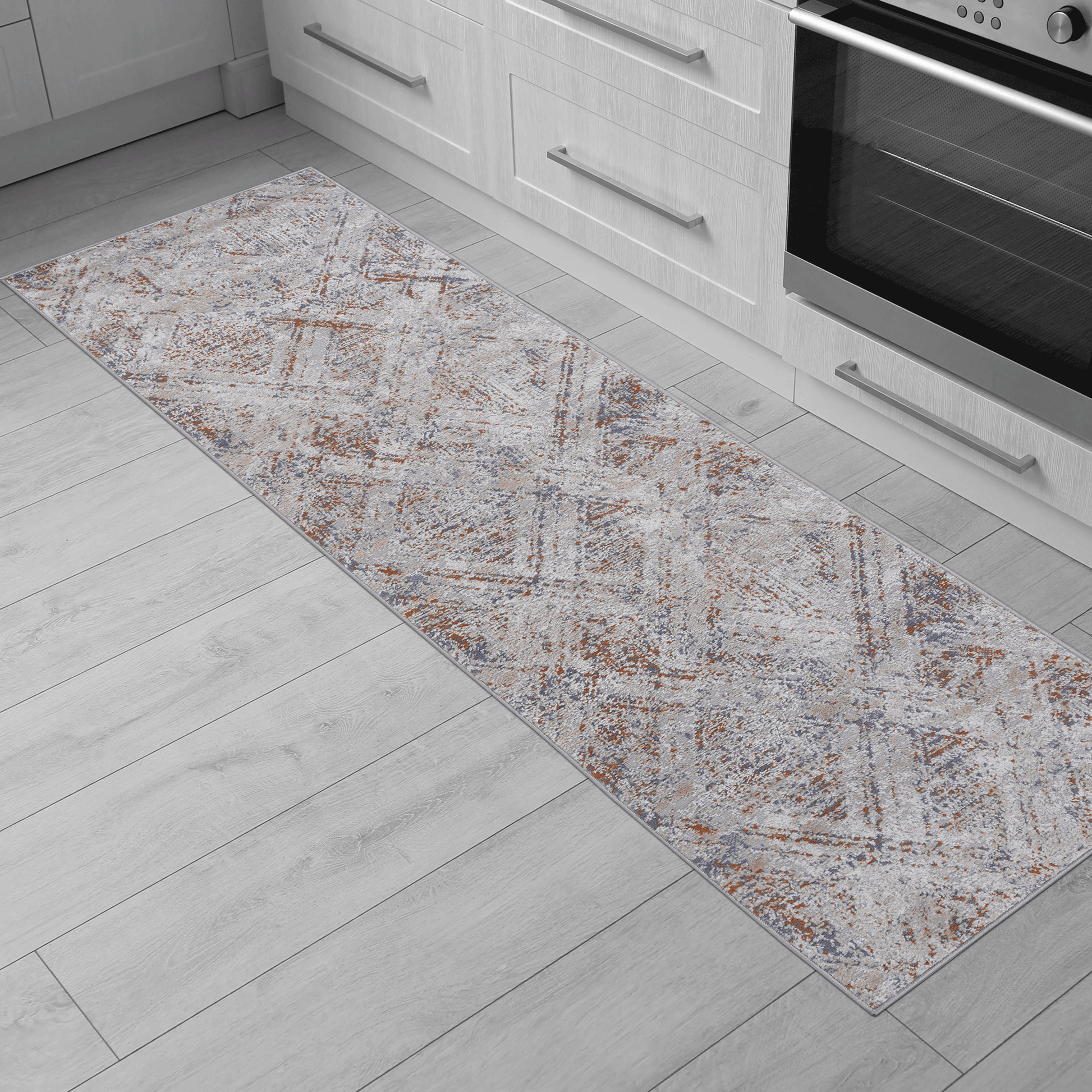 Abstract pattern runner rug in grey and rust tones for kitchen use