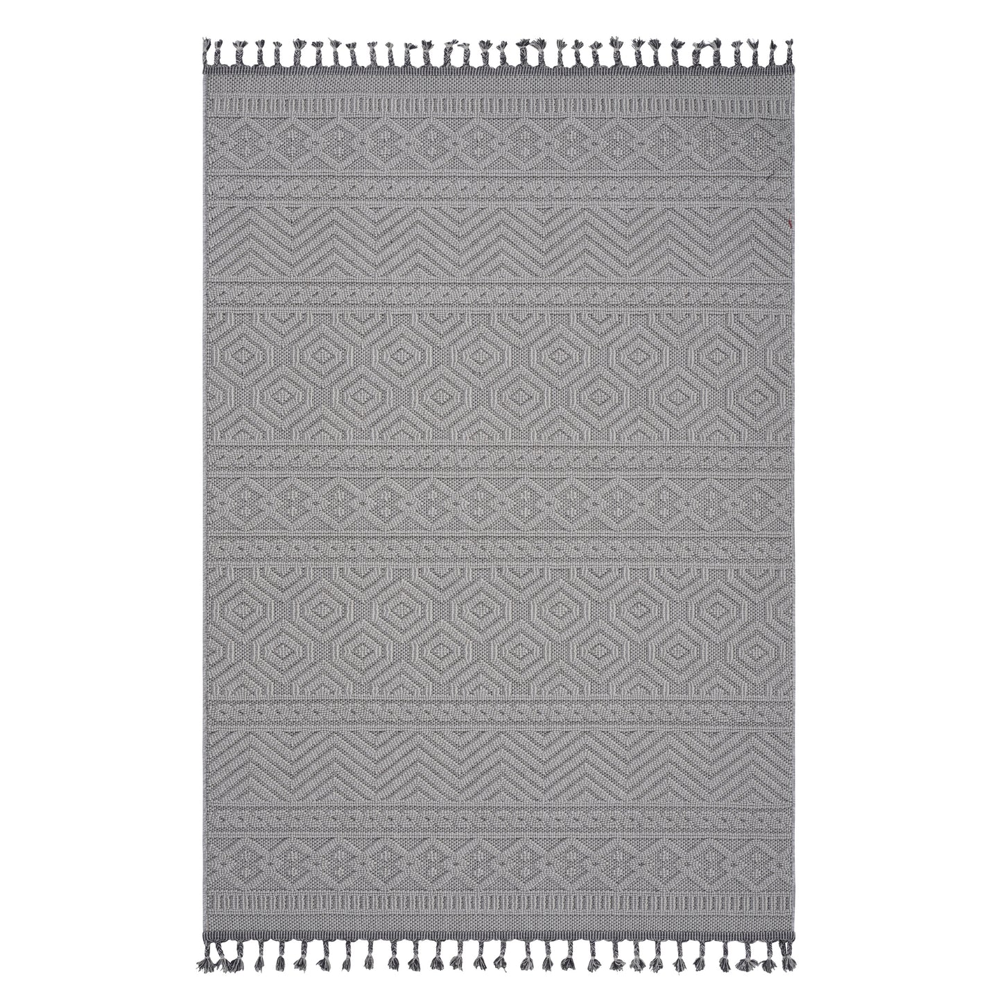 Geometric pattern gray area rug with tassels