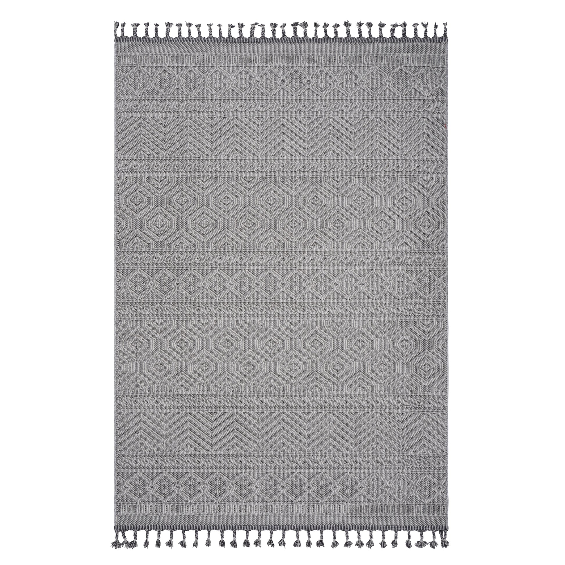 Grey geometric pattern area rug with tasseled edges
