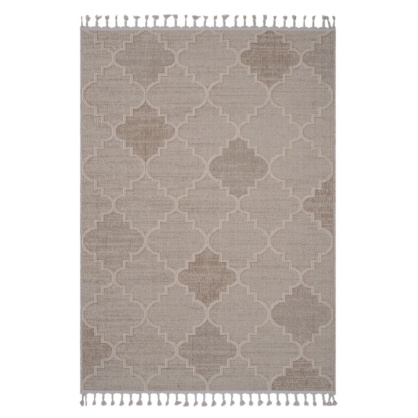 Textured beige area rug with subtle quatrefoil pattern and fringed edges perfect for living rooms