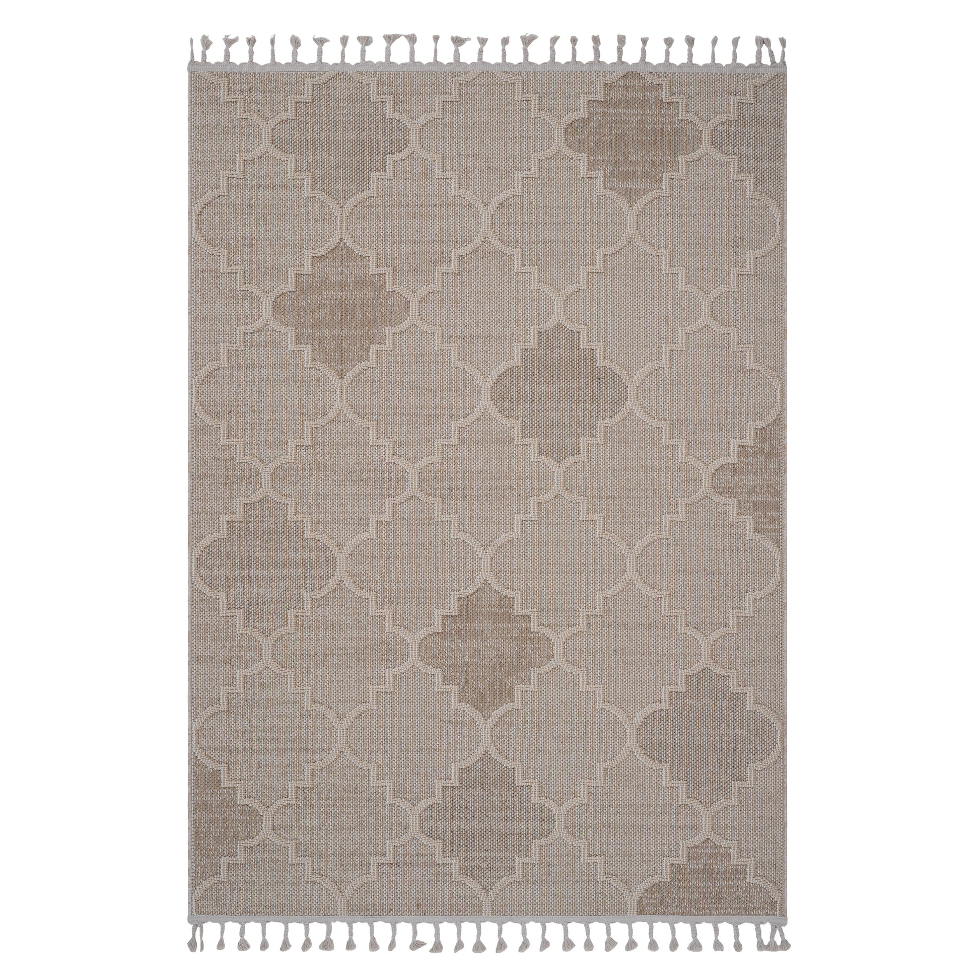 Textured beige area rug with subtle quatrefoil pattern and fringed edges perfect for living rooms