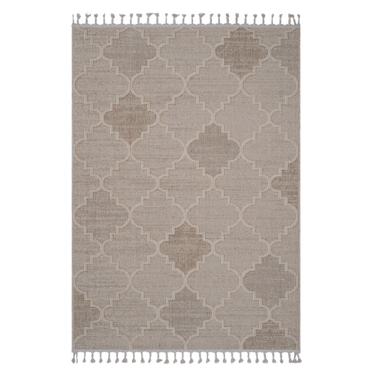 Textured beige area rug with a subtle quatrefoil geometric pattern and decorative tassels