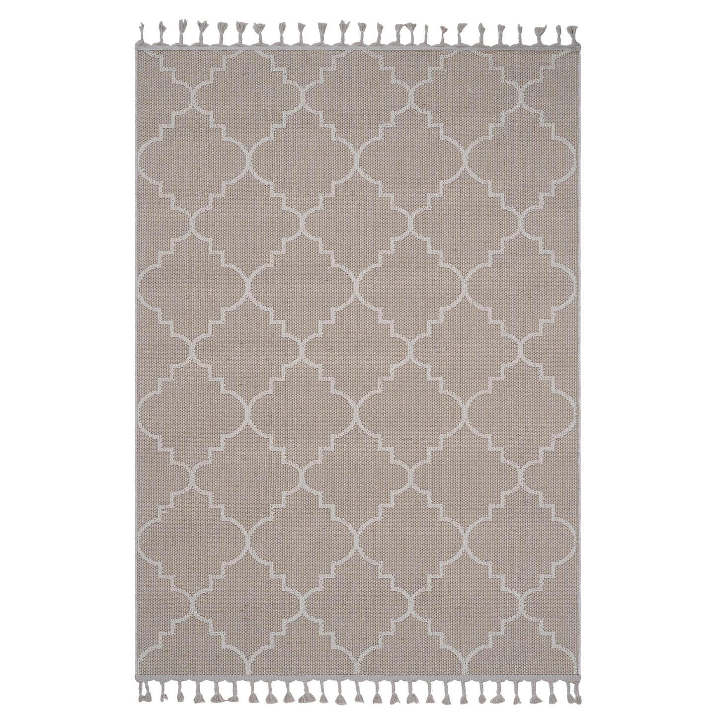 Beige quatrefoil patterned woven area rug with white tassels