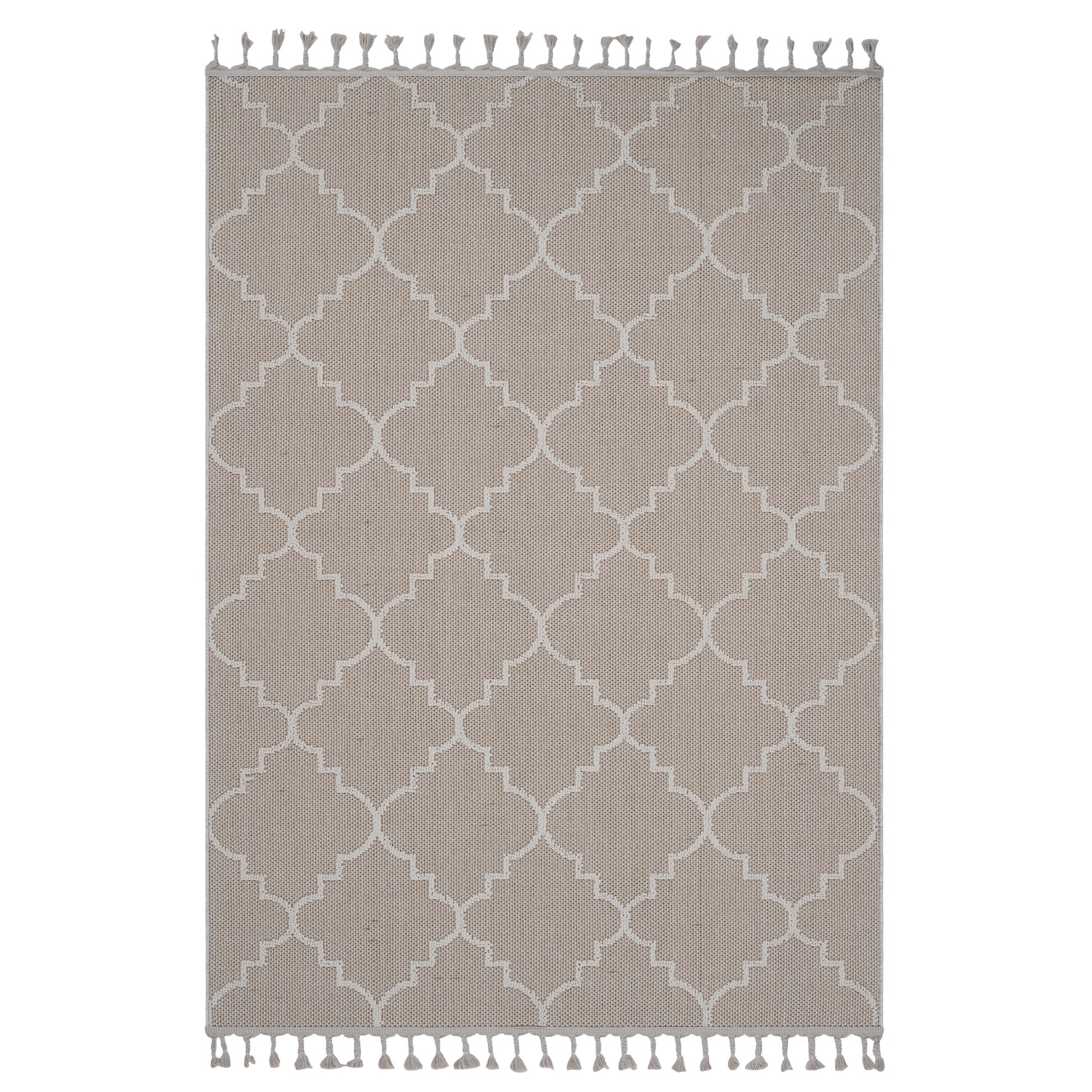 Beige quatrefoil patterned woven area rug with white tassels
