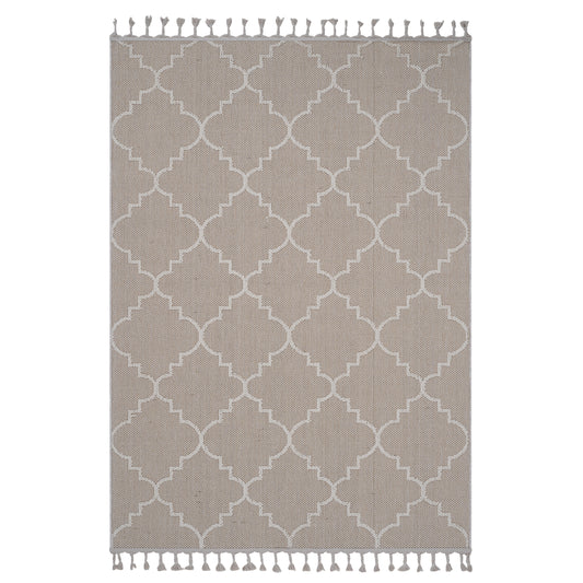 Beige indoor rug with white Moroccan pattern and tassels perfect for living room