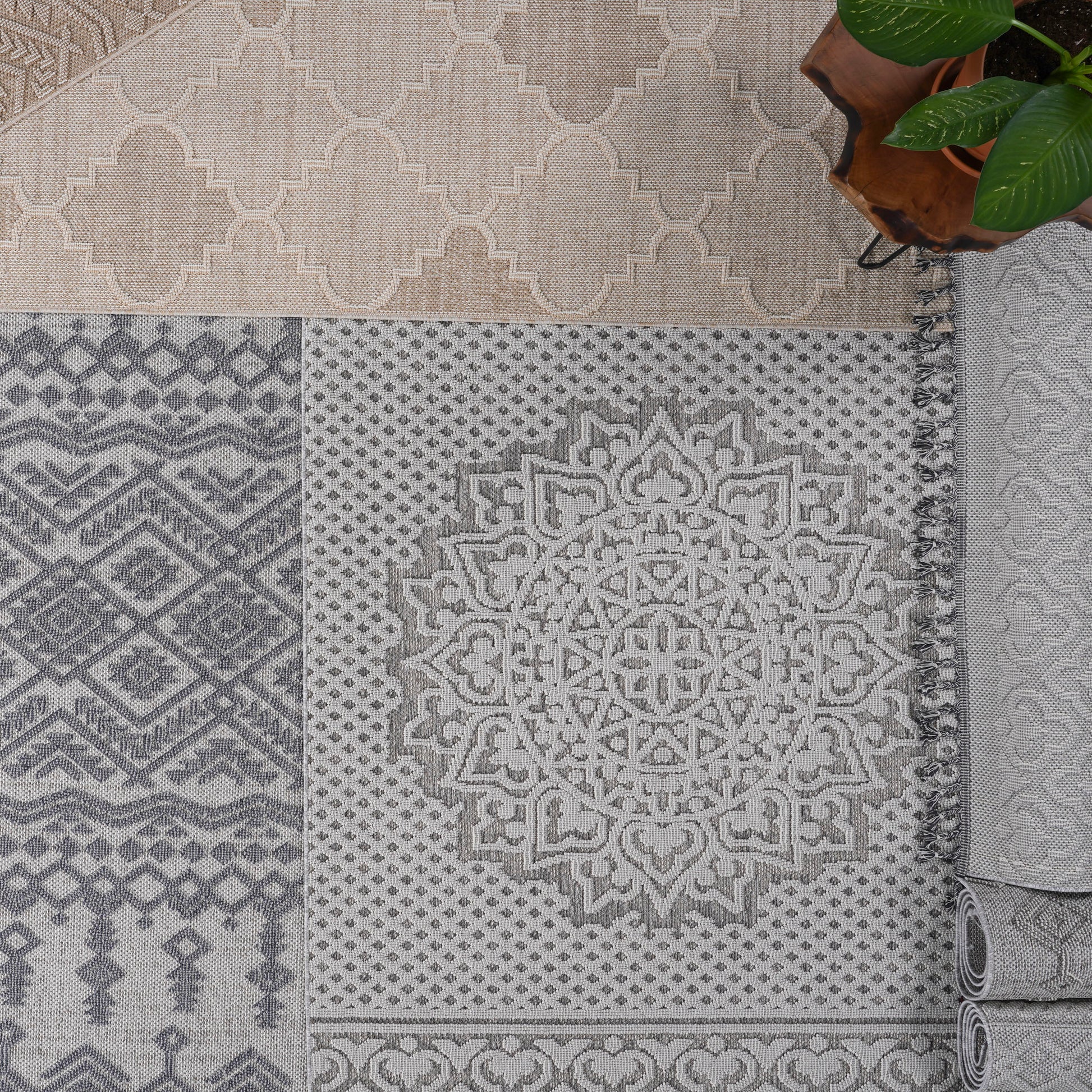 Cream geometric rug with textured weave perfect for living room floors