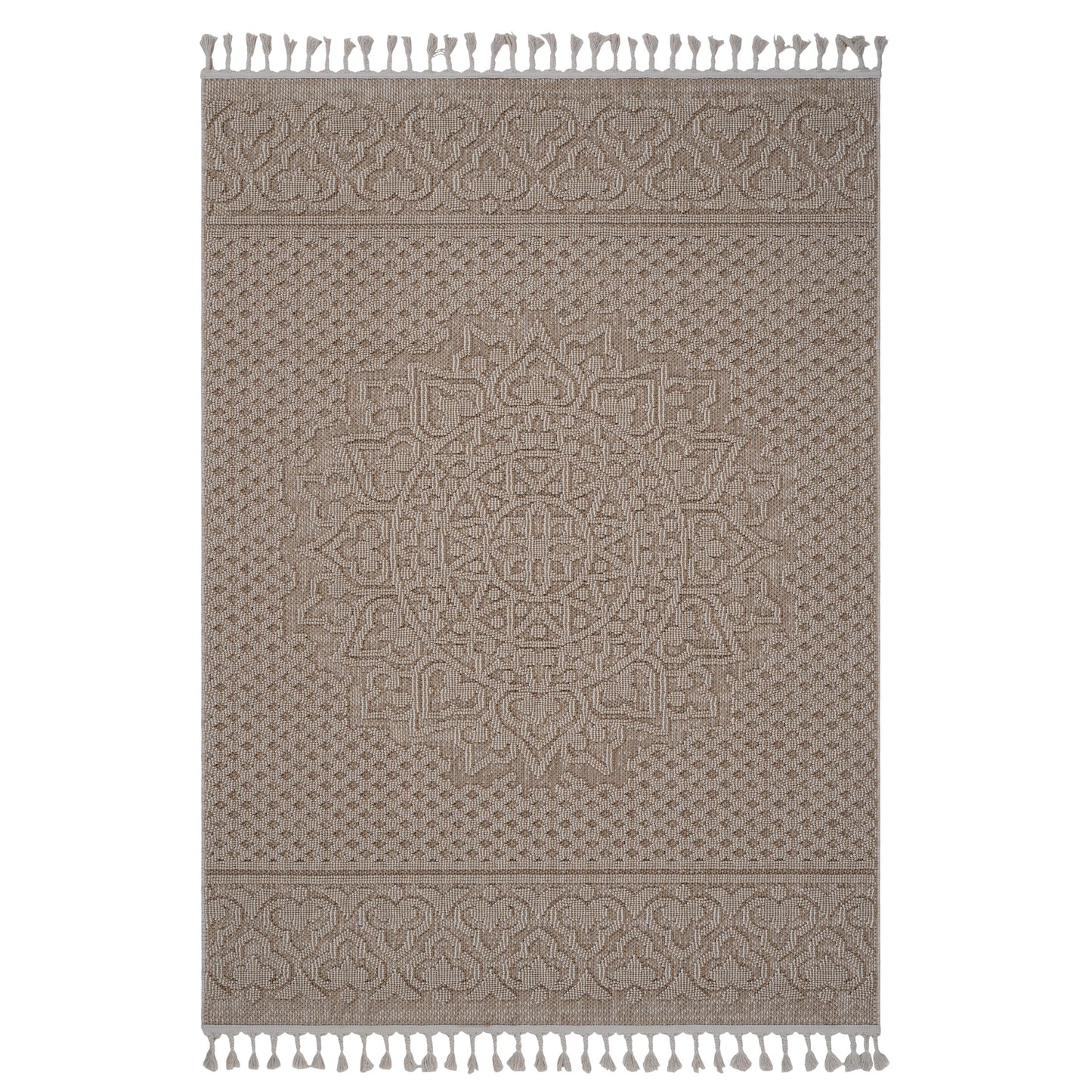 Textured beige area rug with intricate geometric and floral patterns and corner tassels