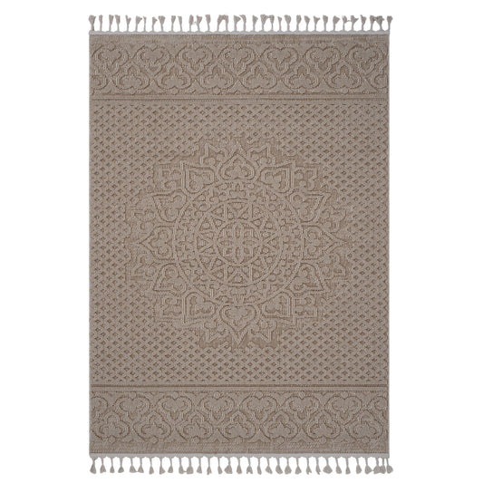 Textured beige area rug with central medallion and tassel fringe