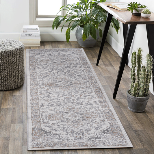 Distressed grey and cream oriental runner rug with intricate patterns