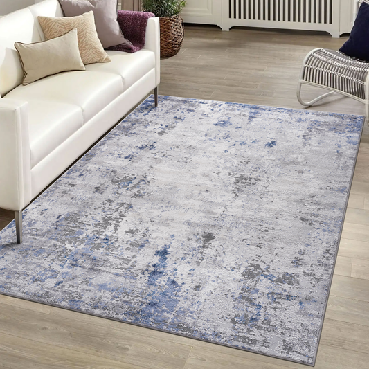 Abstract grey and blue distressed area rug modern style soft texture