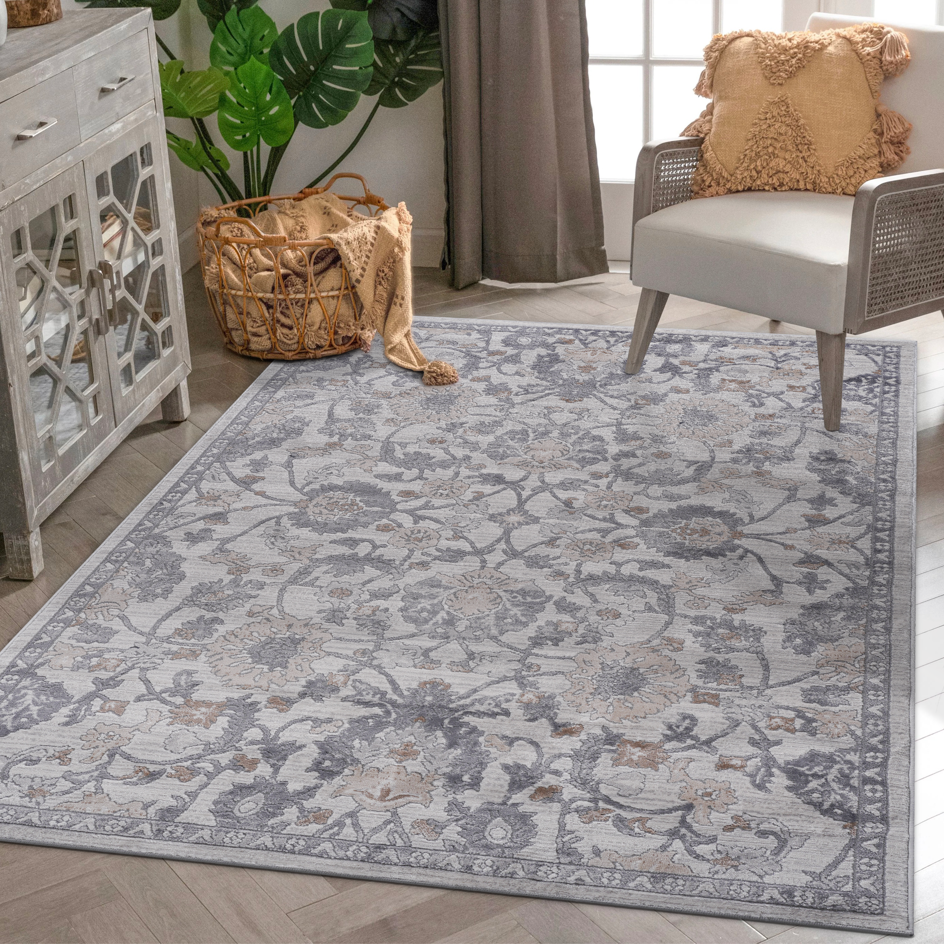 Grey floral persian rug with intricate detailing and soft color palette