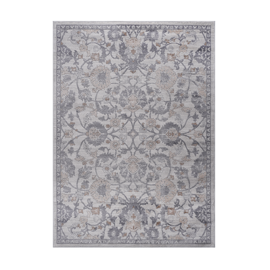 Light gray traditional rug with a detailed Persian floral pattern in shades of gray and cream