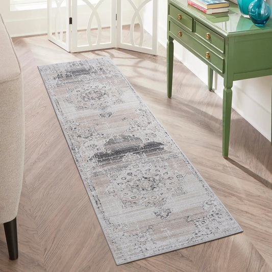 Faded Persian runner rug in neutral tones with ornate vintage pattern for hallways