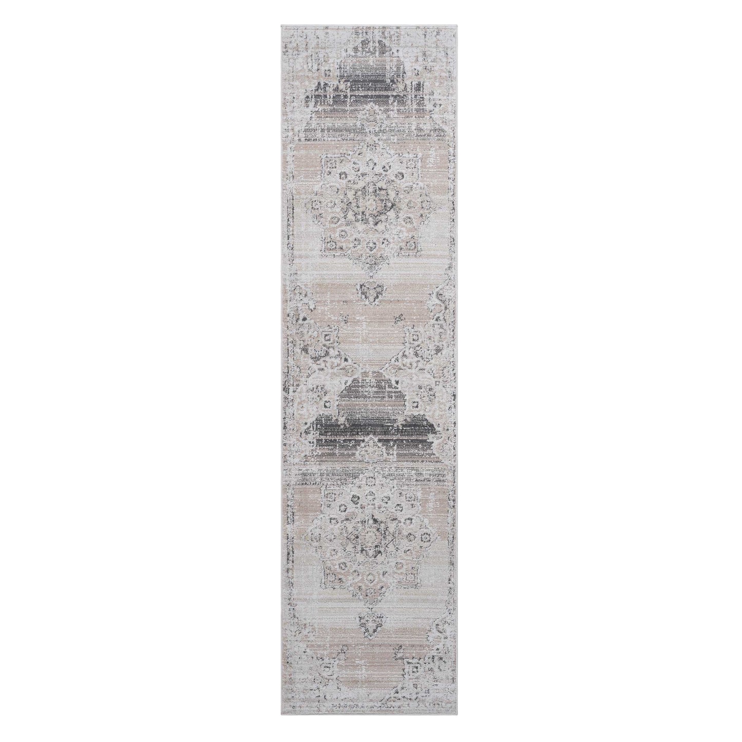 Distressed Persian runner rug in beige and grey with intricate damask pattern for entryway