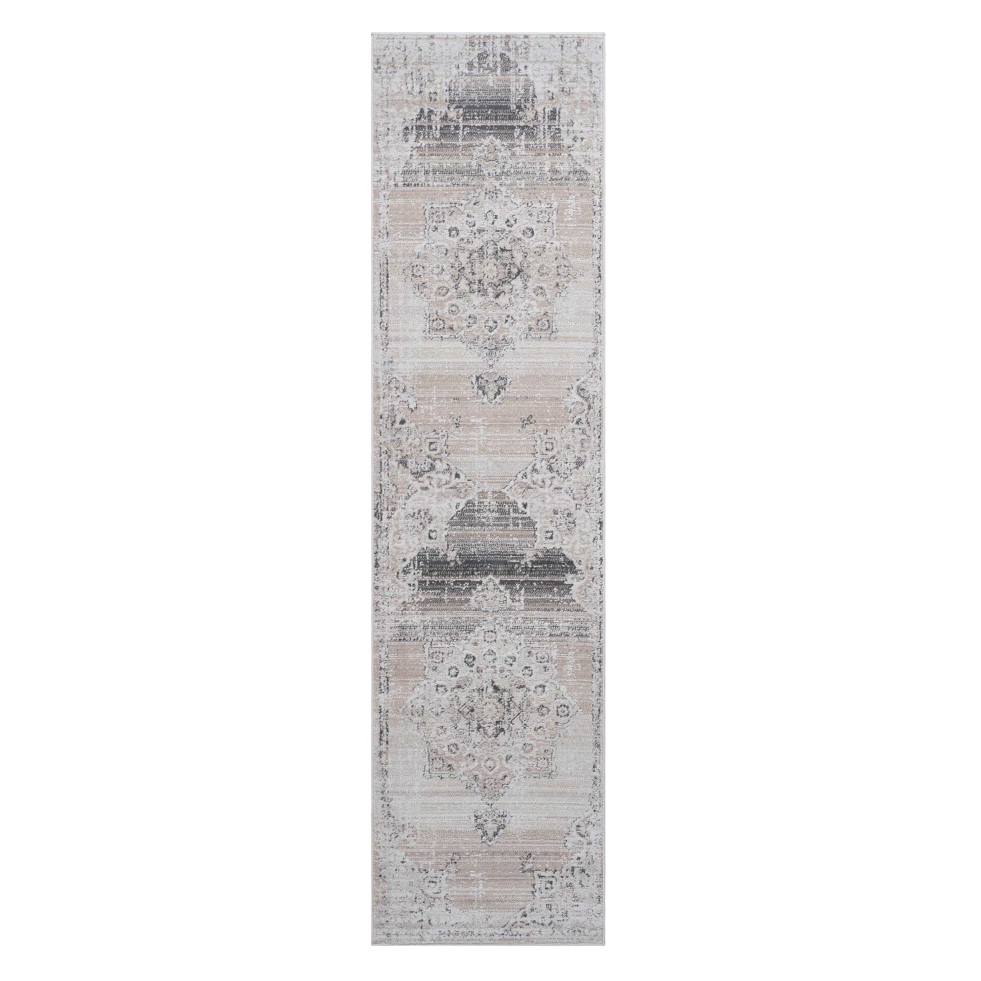 Distressed Persian runner rug in beige and grey with intricate damask pattern for entryway