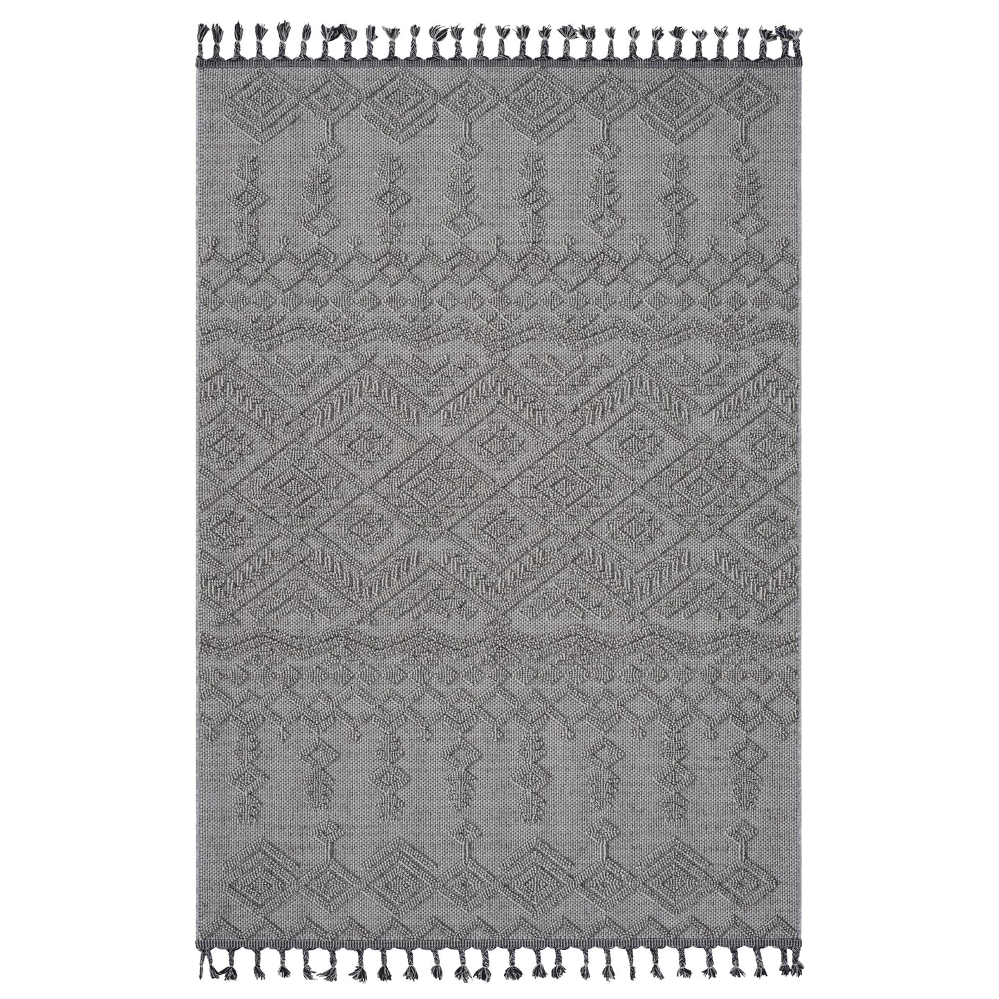 Gray woven area rug with diamond pattern and tasseled fringe suitable for living rooms