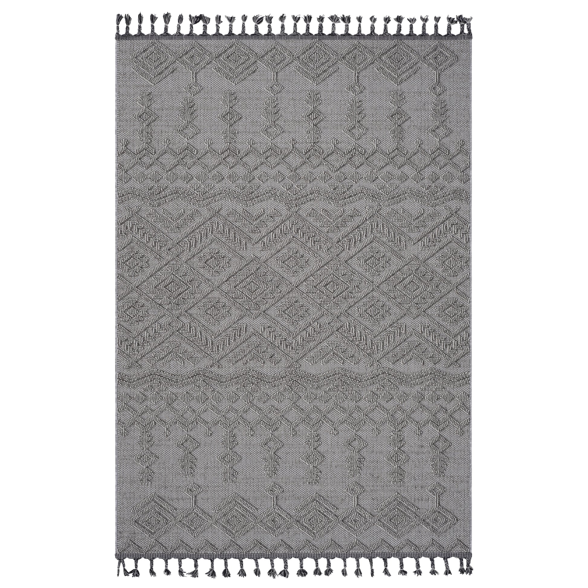 Gray woven area rug with diamond pattern and tasseled fringe suitable for living rooms
