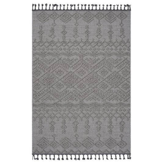 Gray textured area rug with diamond and tribal pattern featuring tassels