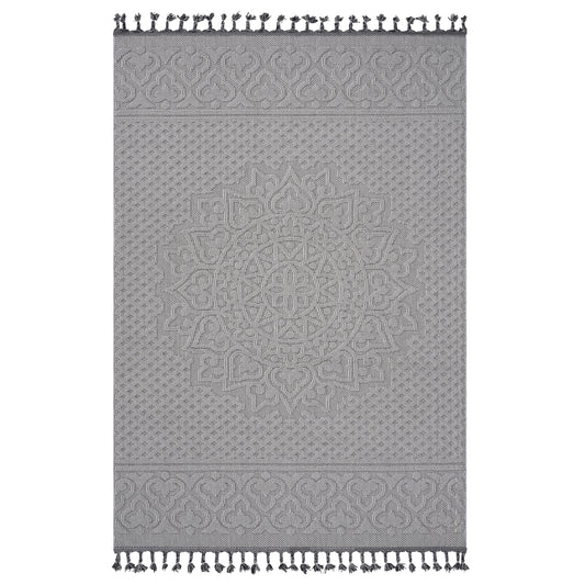 Gray woven rug with intricate central medallion and geometric border patterns