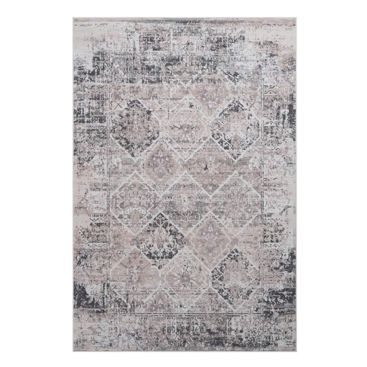 Distressed oriental area rug in cream and dark gray with intricate medallion pattern