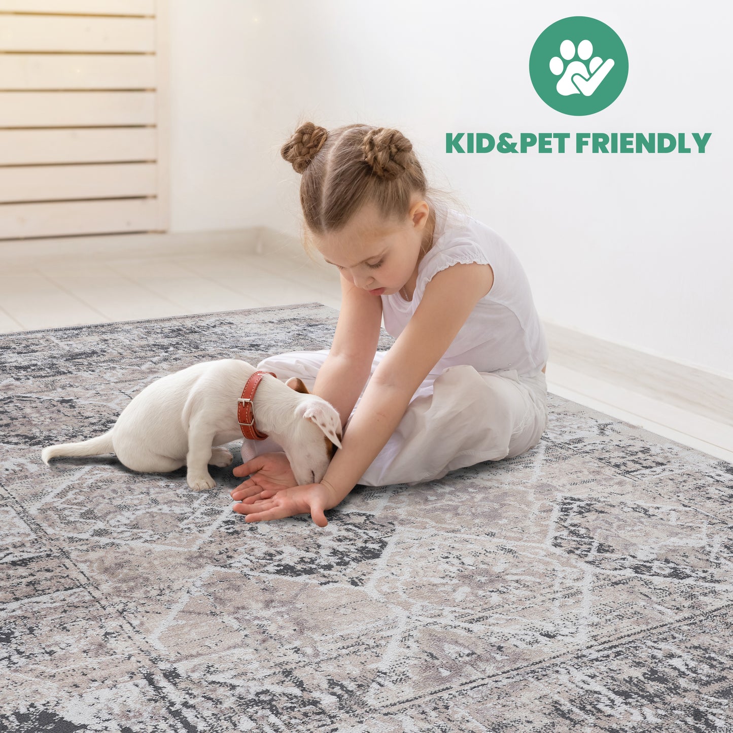 Beige distressed abstract rug with a grey and white pattern suitable for living rooms
