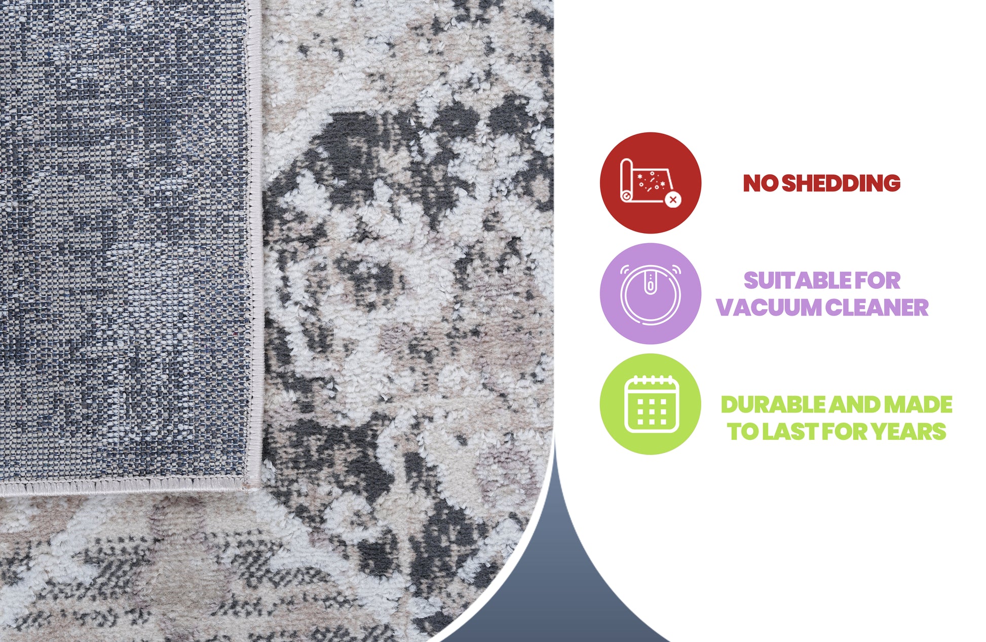 Closeup of a grey and cream abstract pattern rug with a textured weave