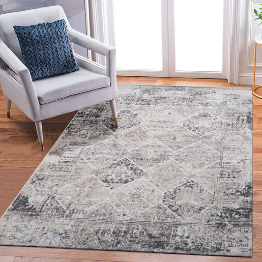 Distressed geometric area rug in grey and beige perfect for living rooms
