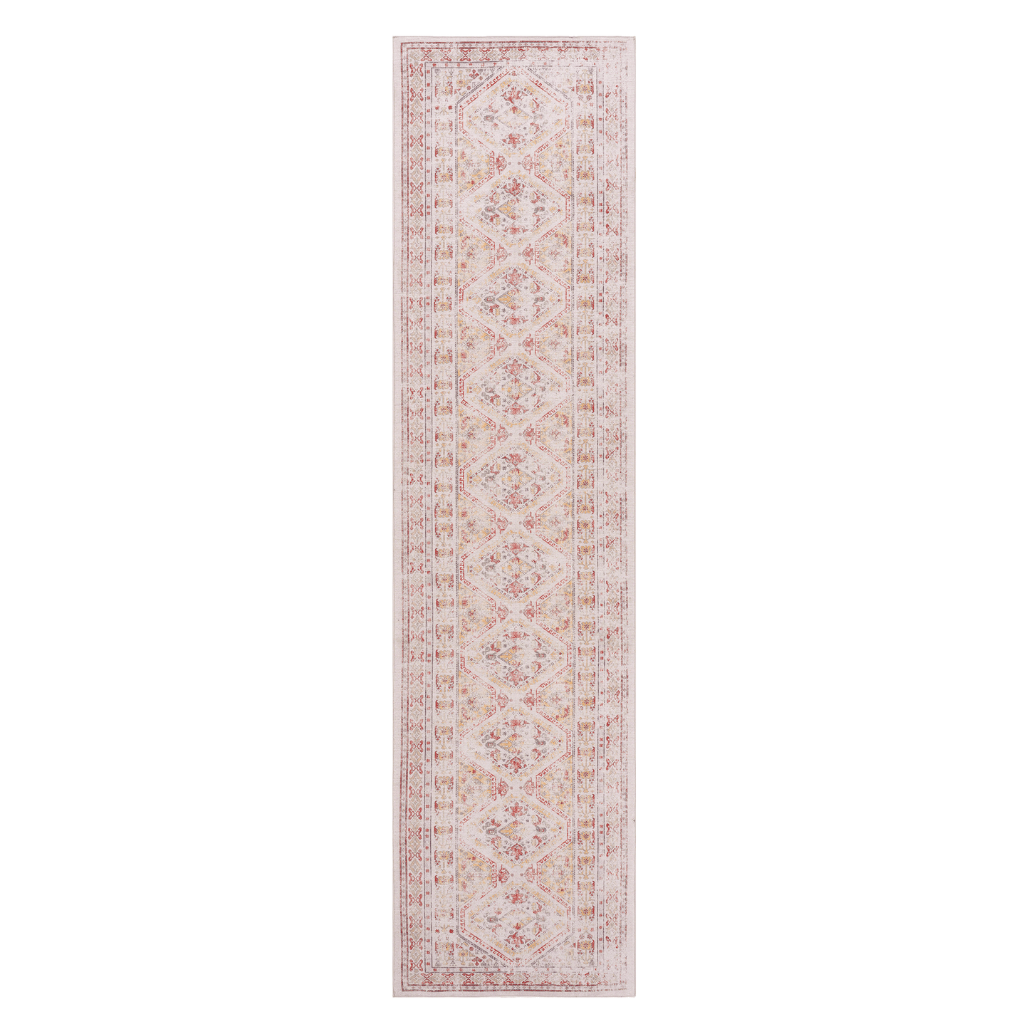 Light beige runner rug with distressed geometric diamond pattern in red and gold