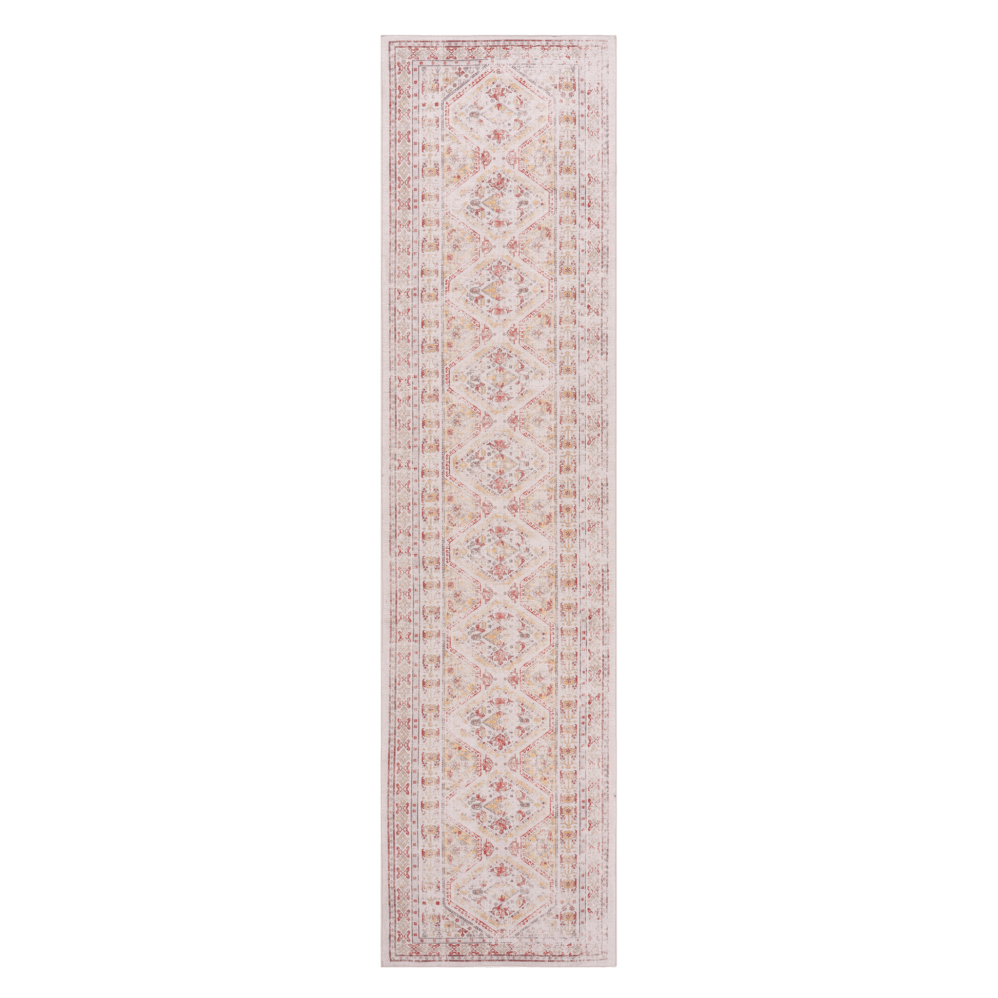 Light beige runner rug with distressed geometric diamond pattern in red and gold