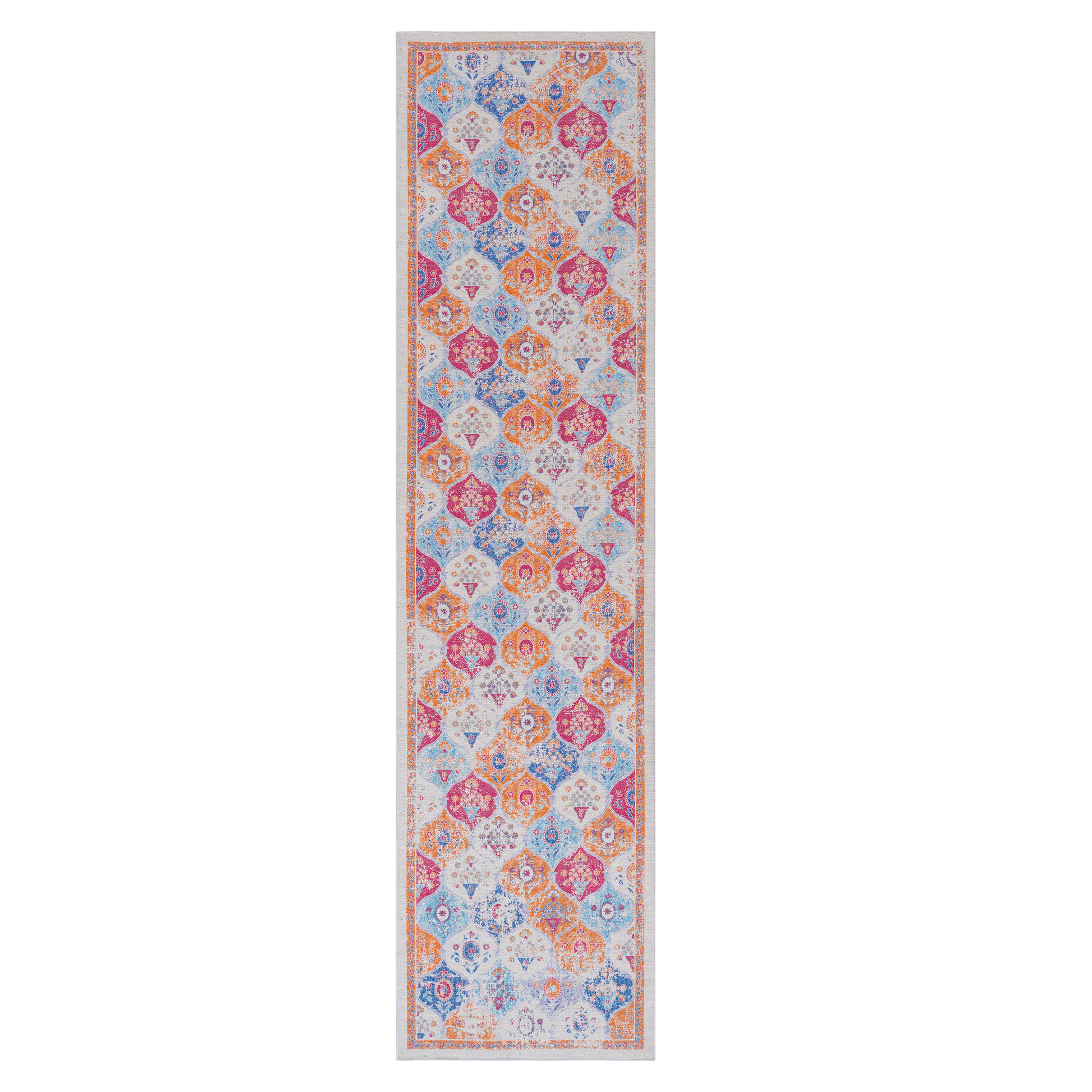 Bohemian style runner rug with a mosaic pattern in pink orange and blue hues