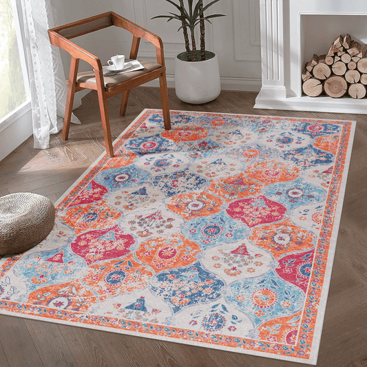 Ornate Persian rug with vibrant red blue and orange floral motifs on a cream background