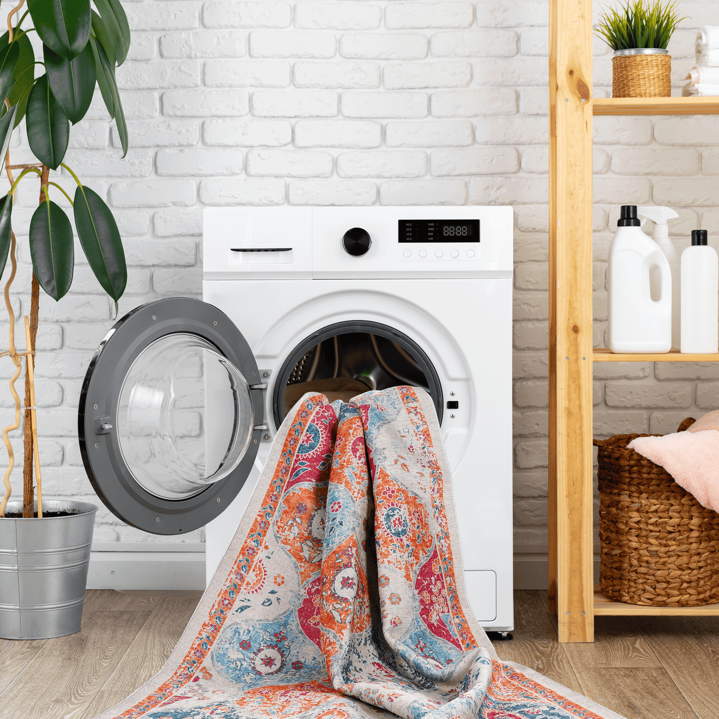 Intricate paisley pattern rug in beige orange blue and red draped over a washing machine