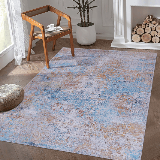 Distressed bohemian rug with blue and orange abstract patterns perfect for living room decor