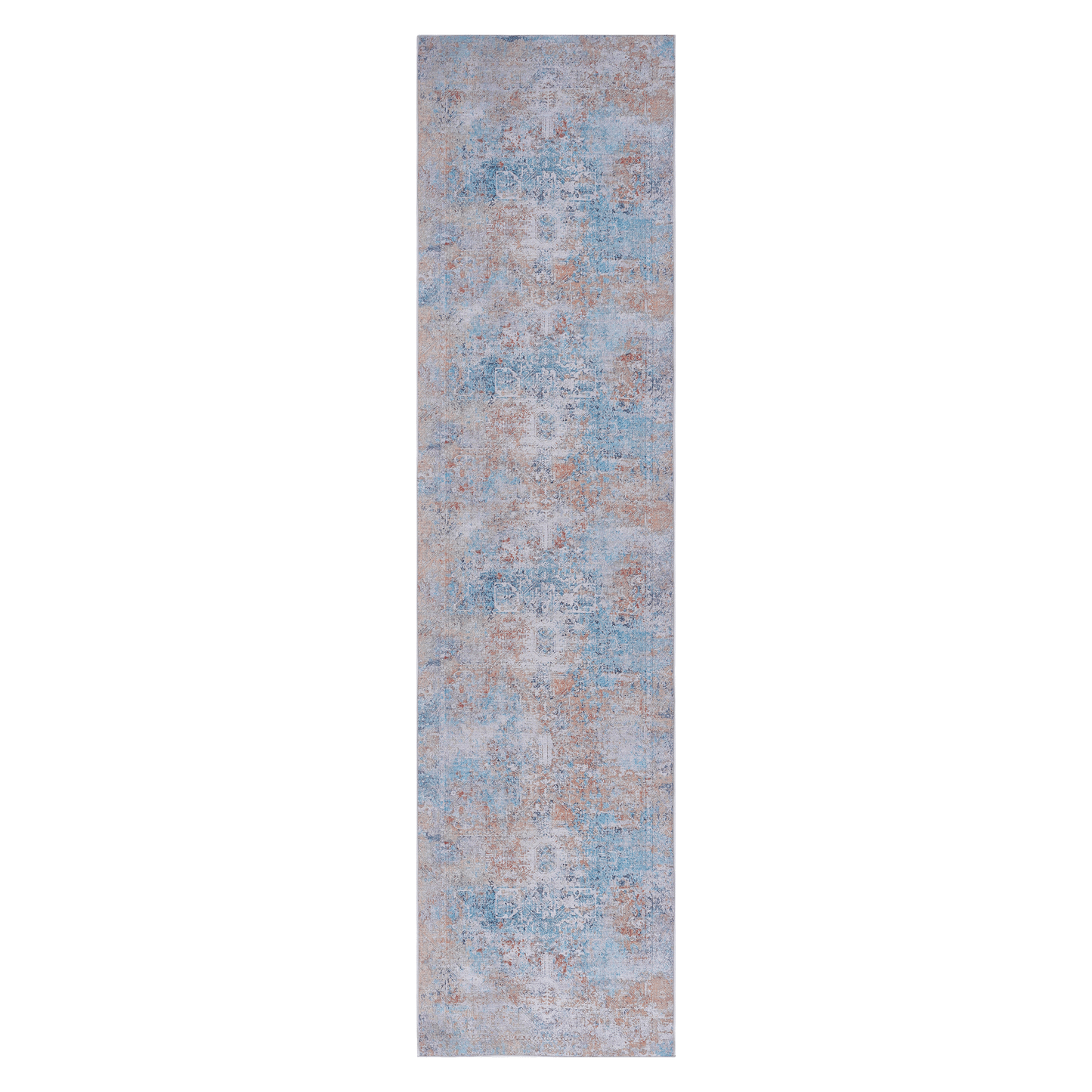 Distressed Persian runner rug with blue orange and cream abstract pattern