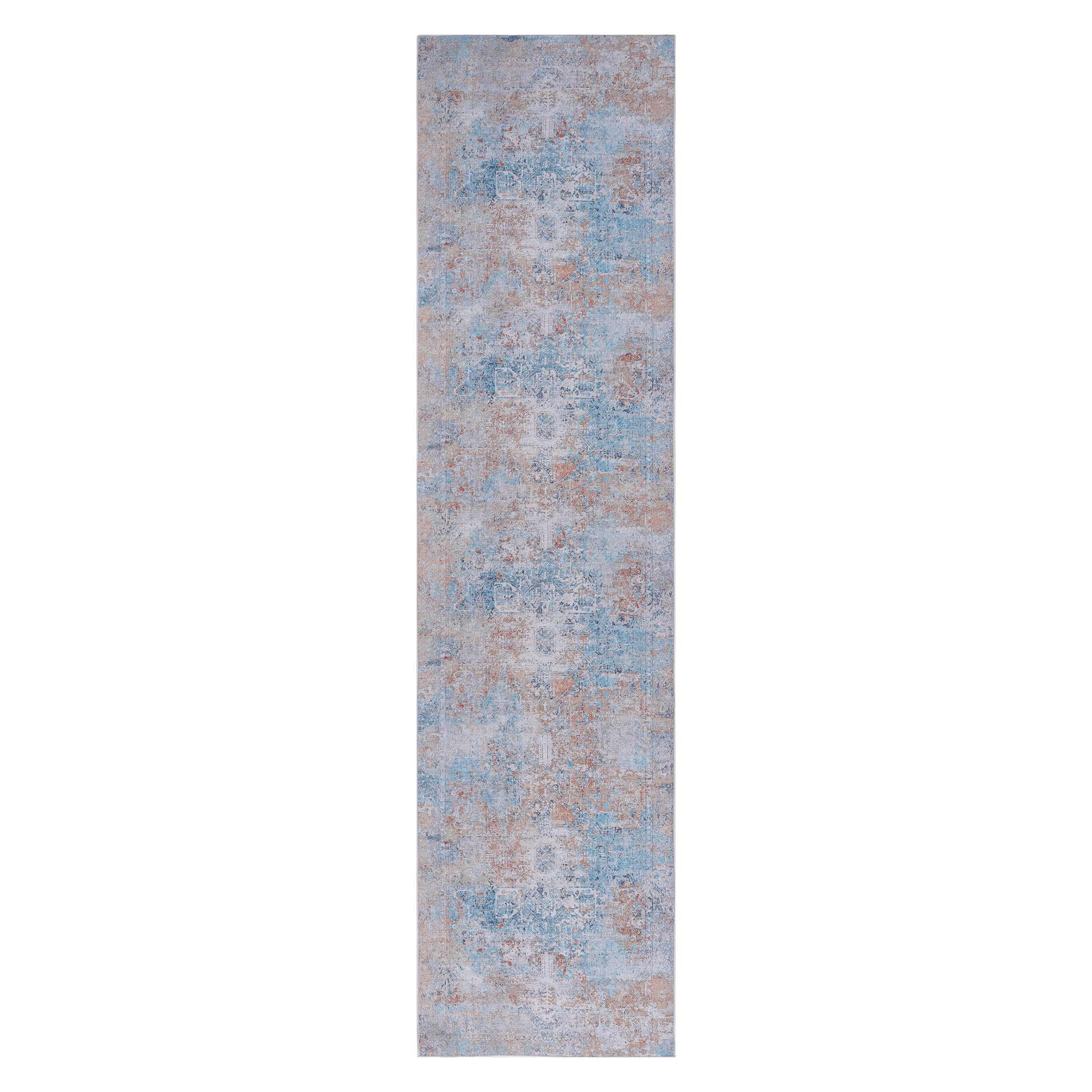 Distressed Persian runner rug with blue orange and cream abstract pattern