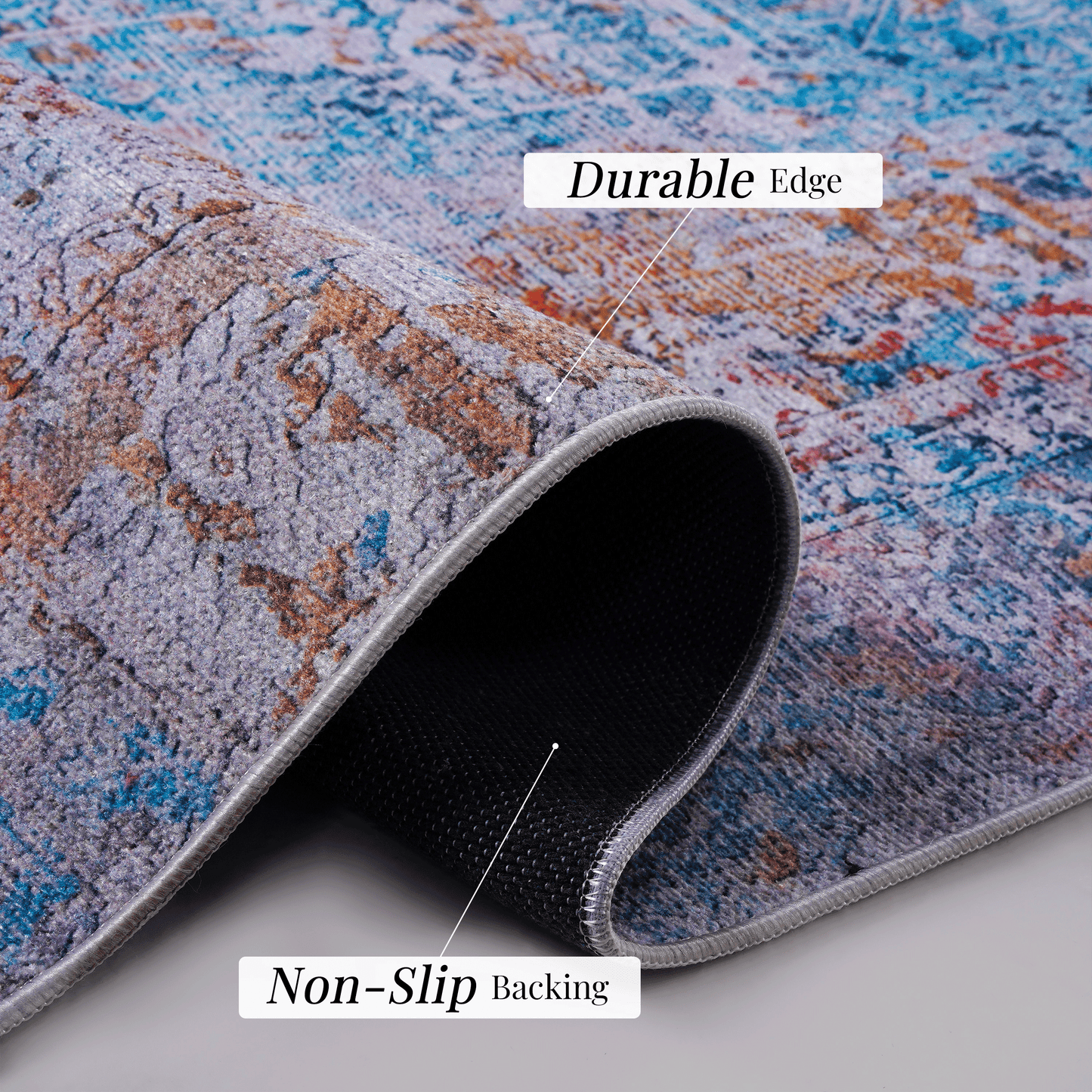 Abstract pattern rug in blue and orange with a durable edge construction