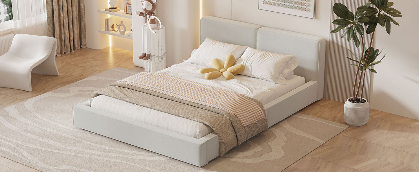 Minimalist upholstered platform bed in light gray a modern bedroom centerpiece