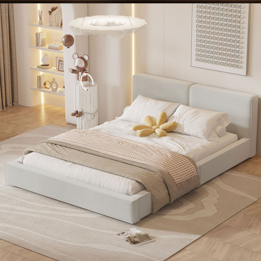 Minimalist upholstered platform bed in light grey
