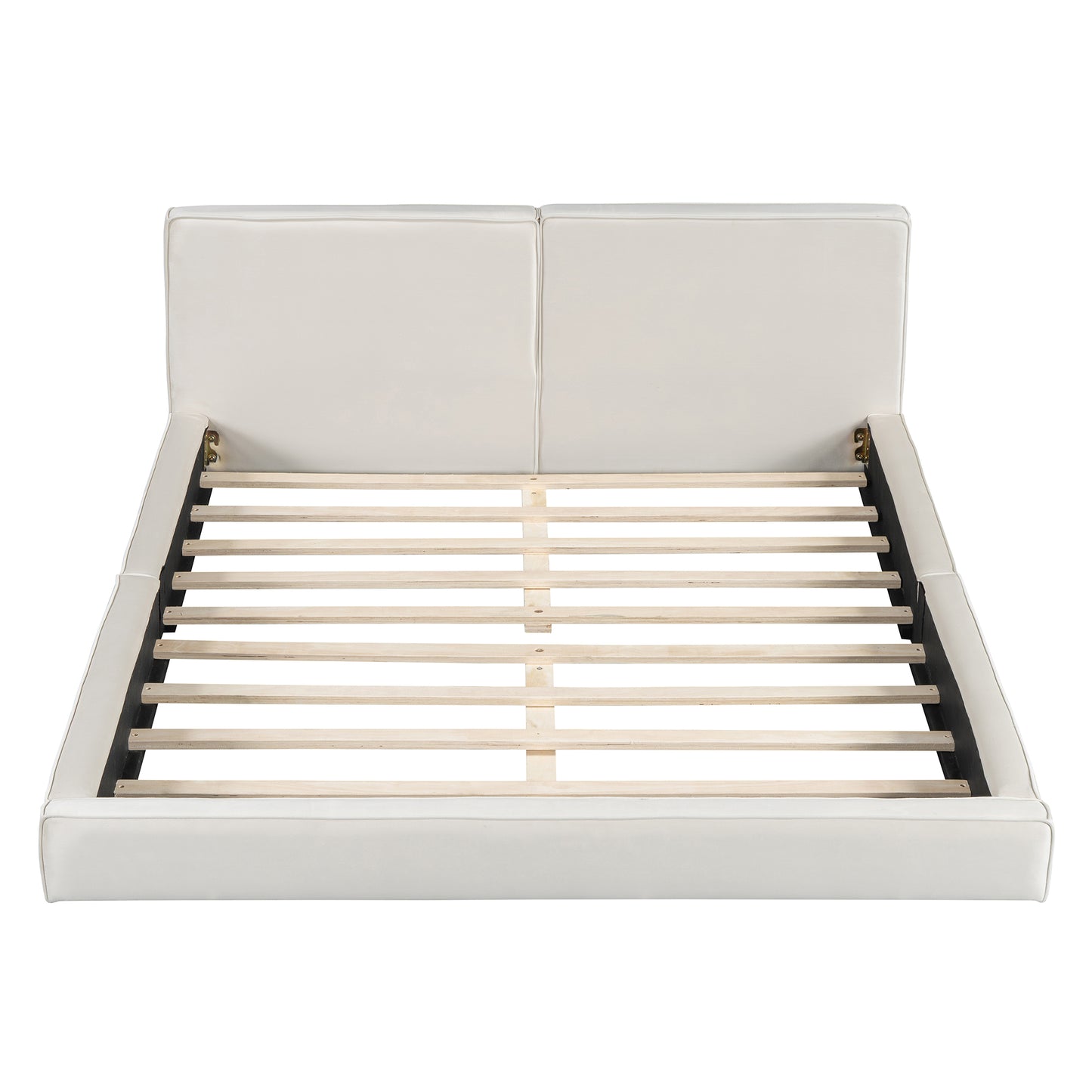 White faux leather platform bed frame with wooden slats