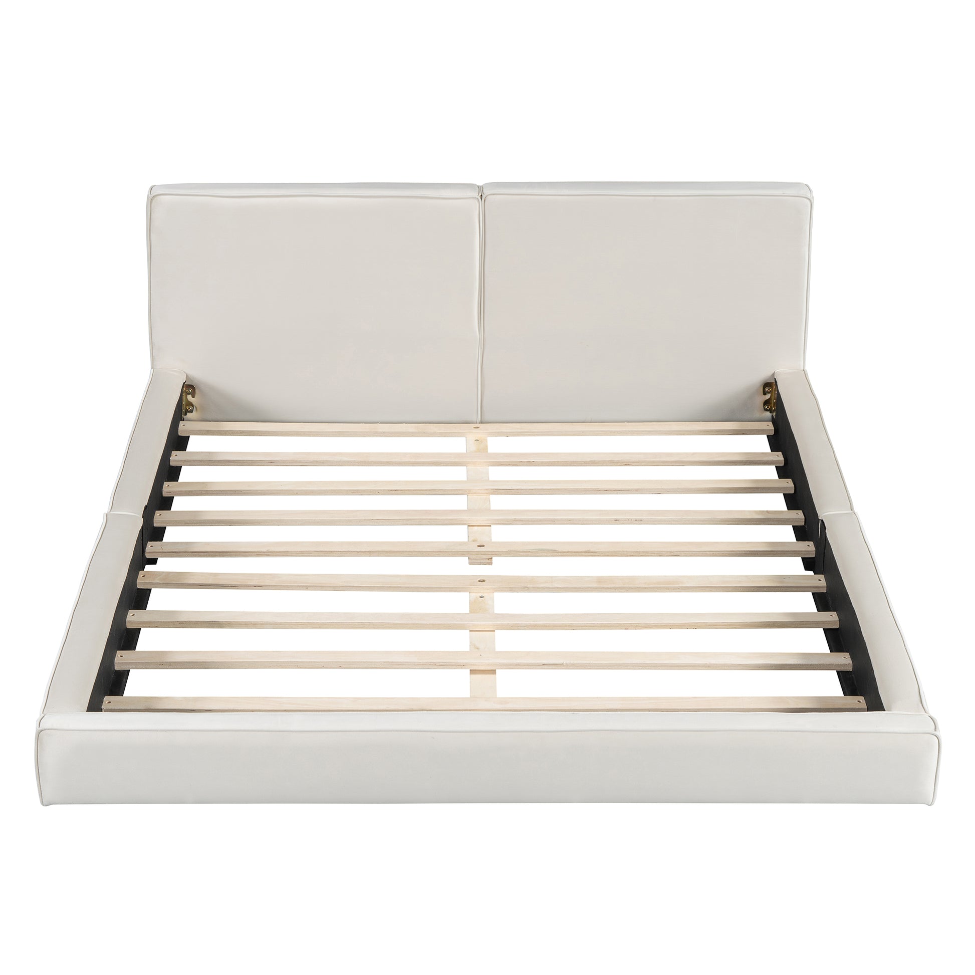 White faux leather platform bed frame with wooden slats