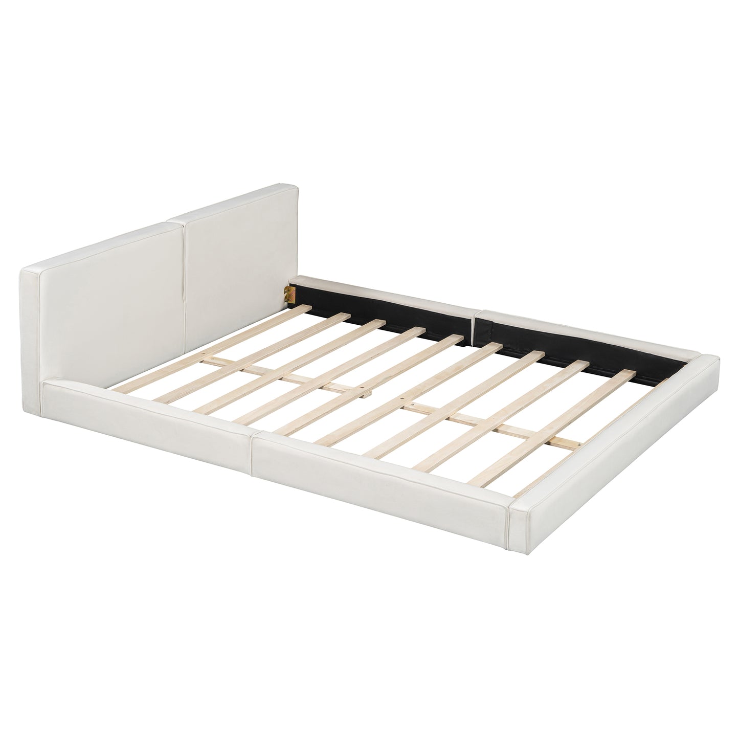 White faux leather platform bed frame with wooden slats no box spring needed