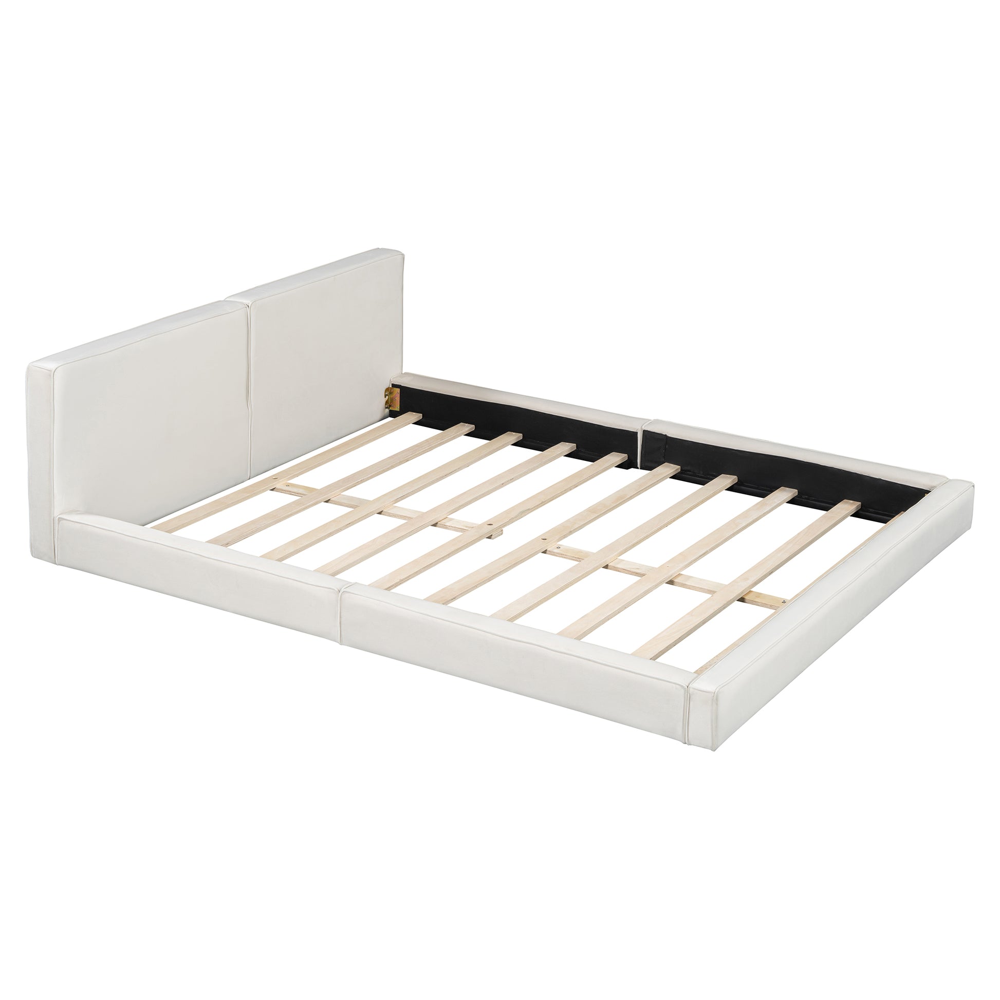 White faux leather platform bed frame with wooden slats no box spring needed