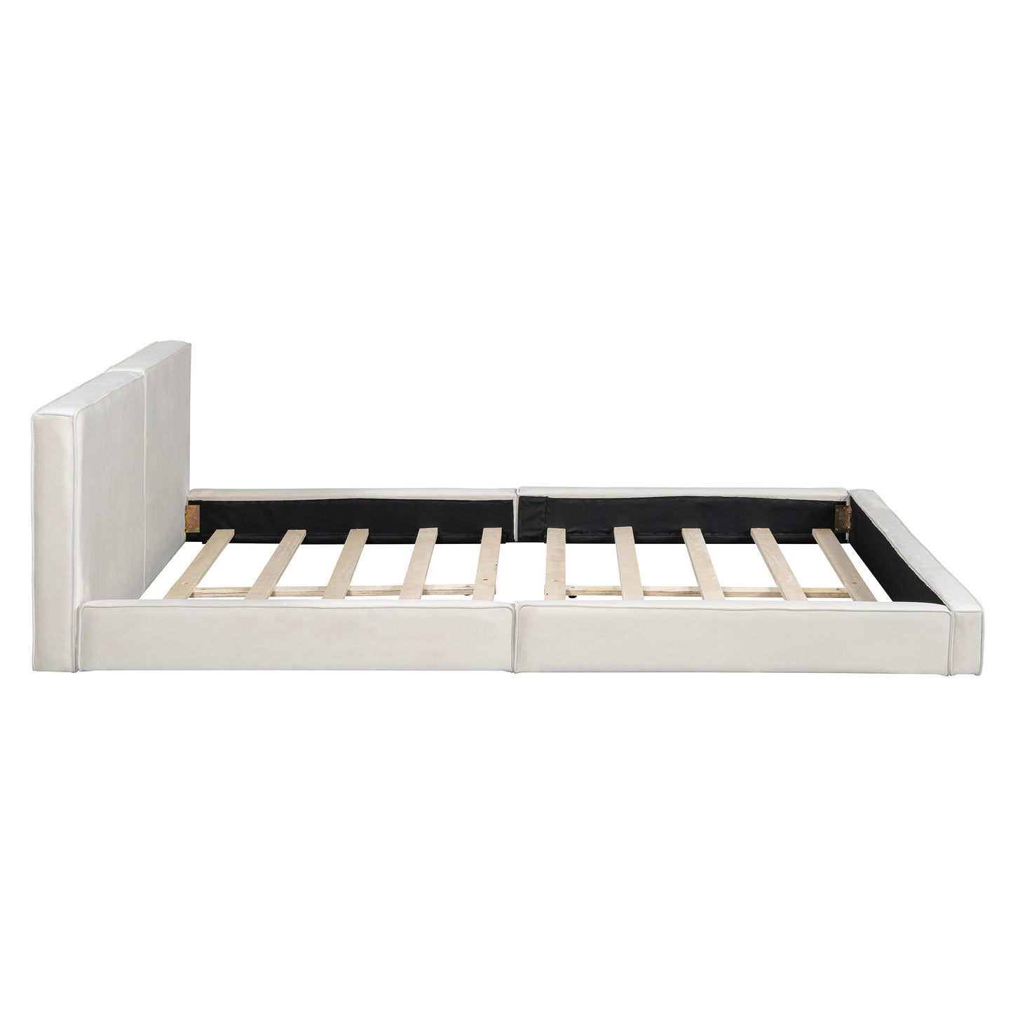 White upholstered platform bed frame with slats and headboard