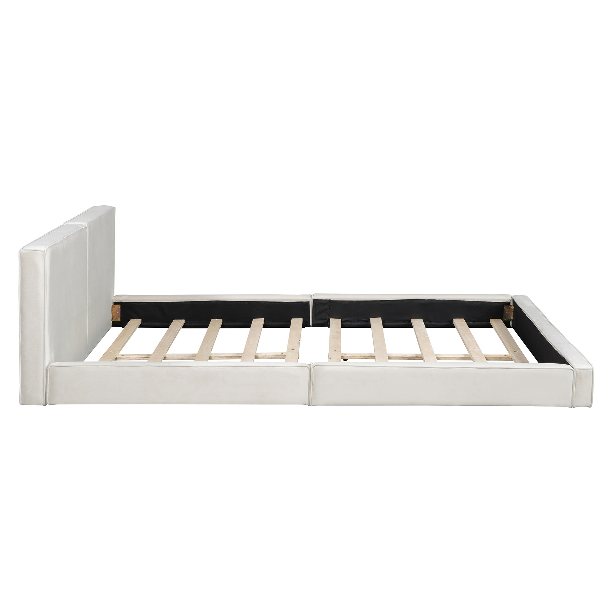 White upholstered platform bed frame with slats and headboard