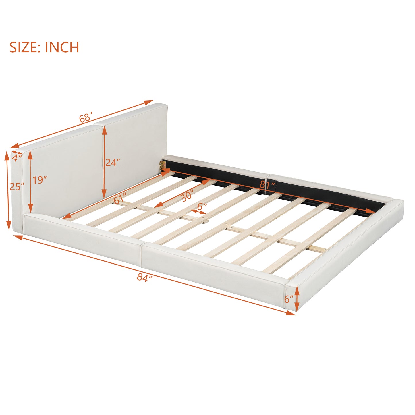 White upholstered queen bed frame with wooden slats