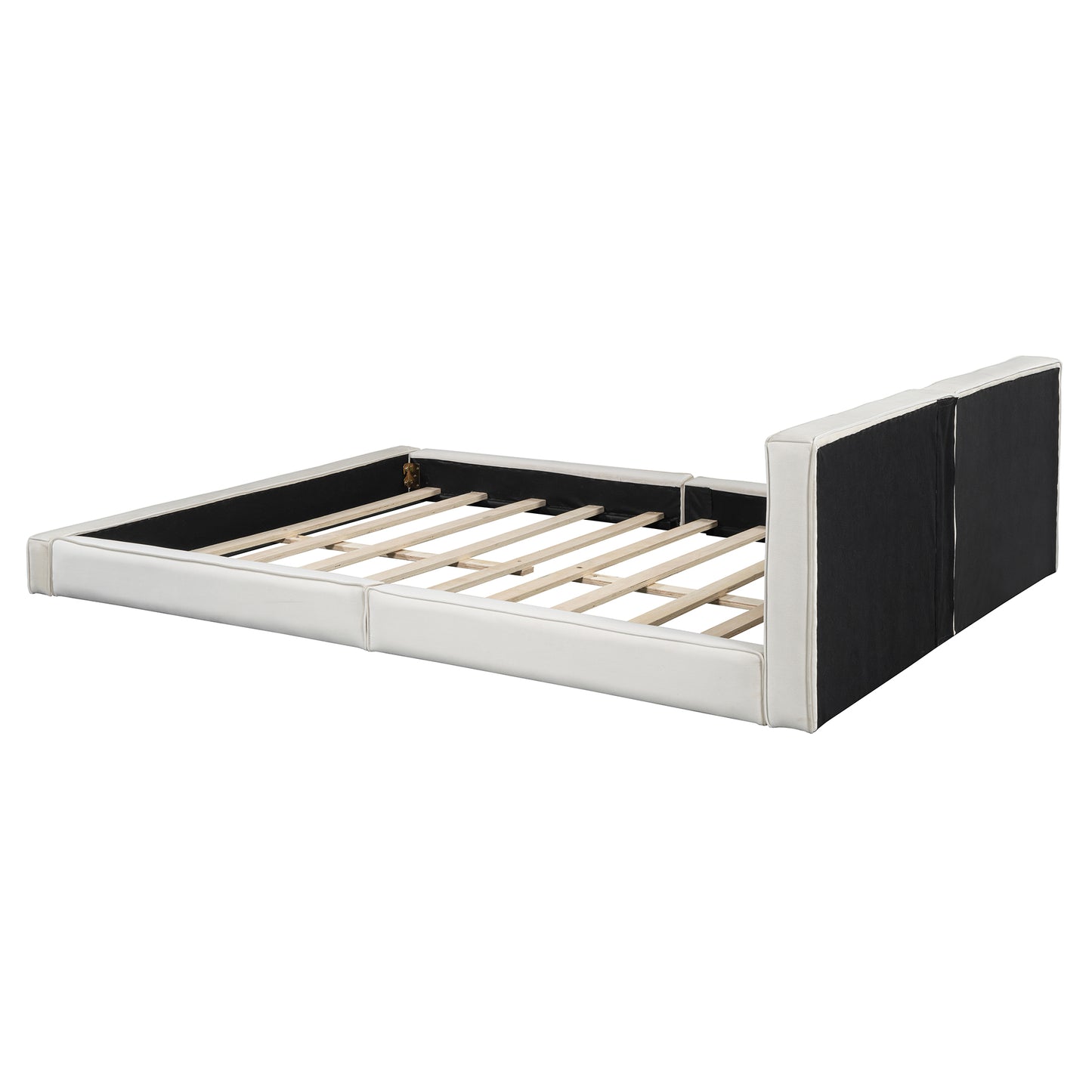 White faux leather bed frame with wooden slats for mattress support