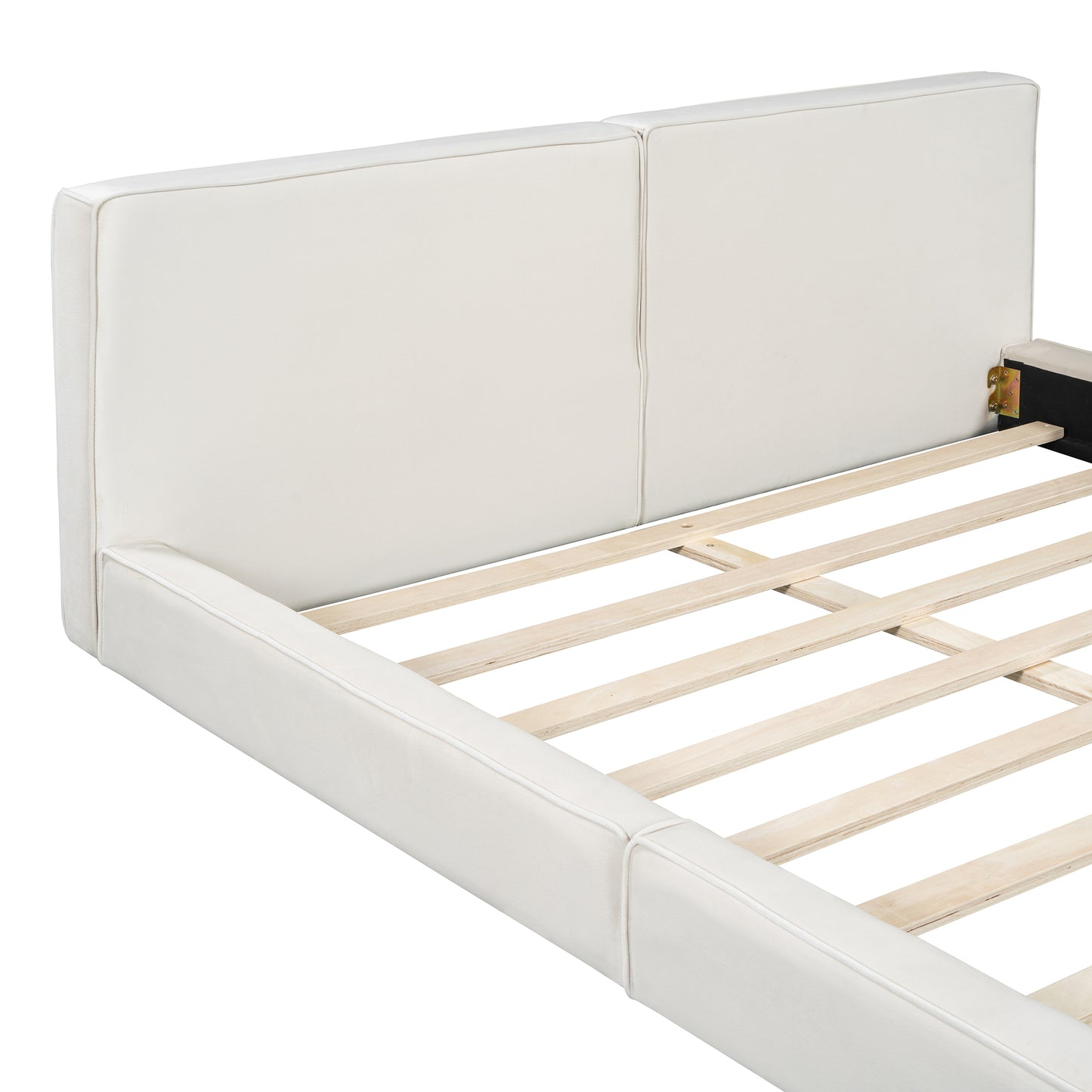 Cream upholstered bed frame with wood slats