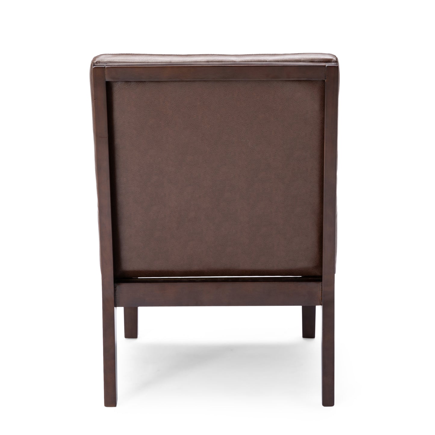 Back view of a brown leather armchair with dark wood frame and legs