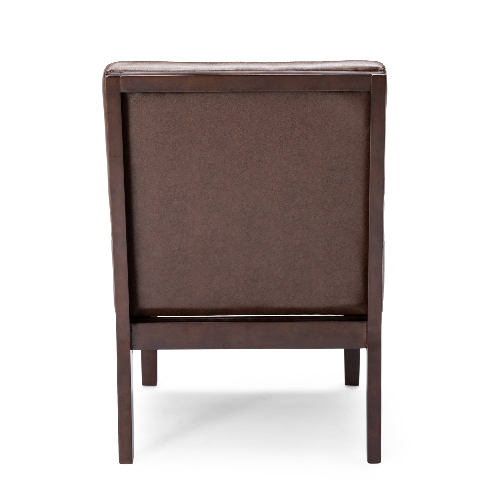 Back view of a brown leather armchair with dark wood frame and legs