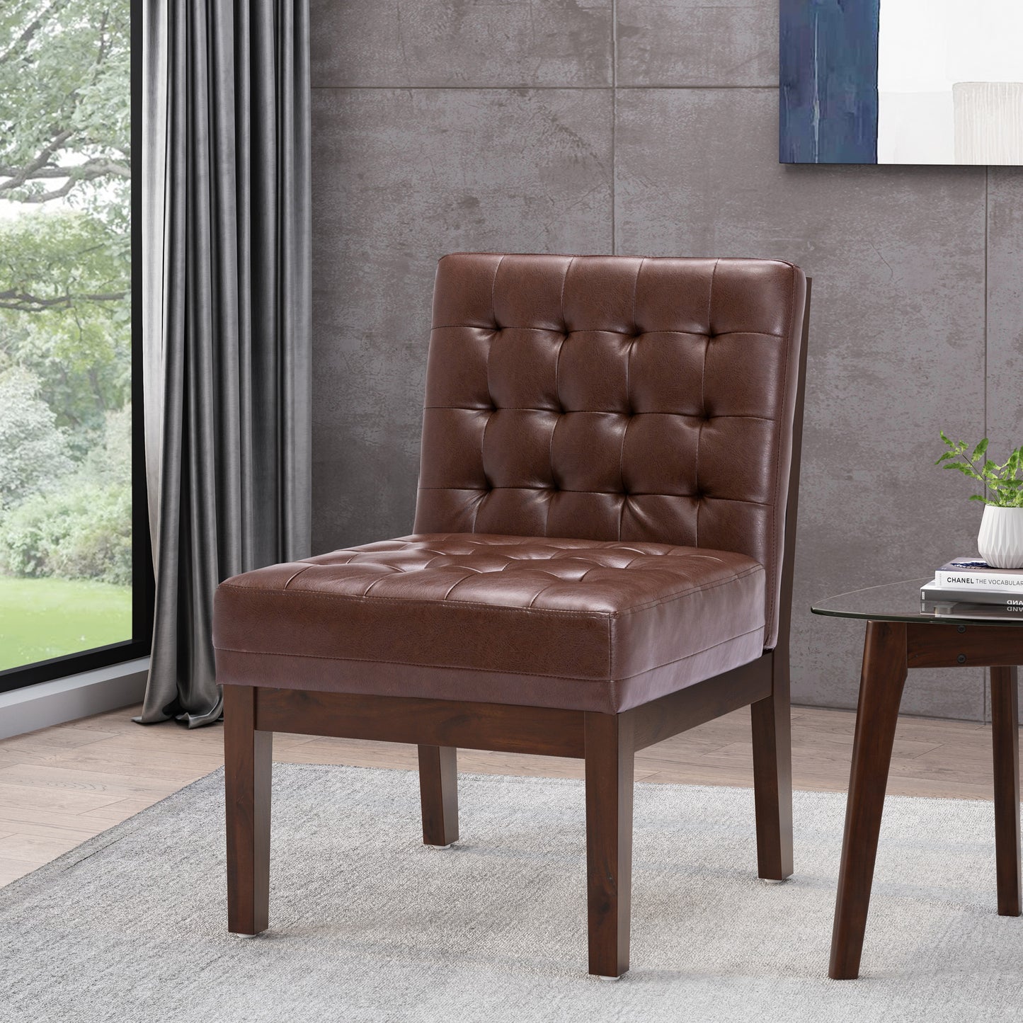 Tufted brown faux leather accent chair with dark wood legs perfect for living rooms